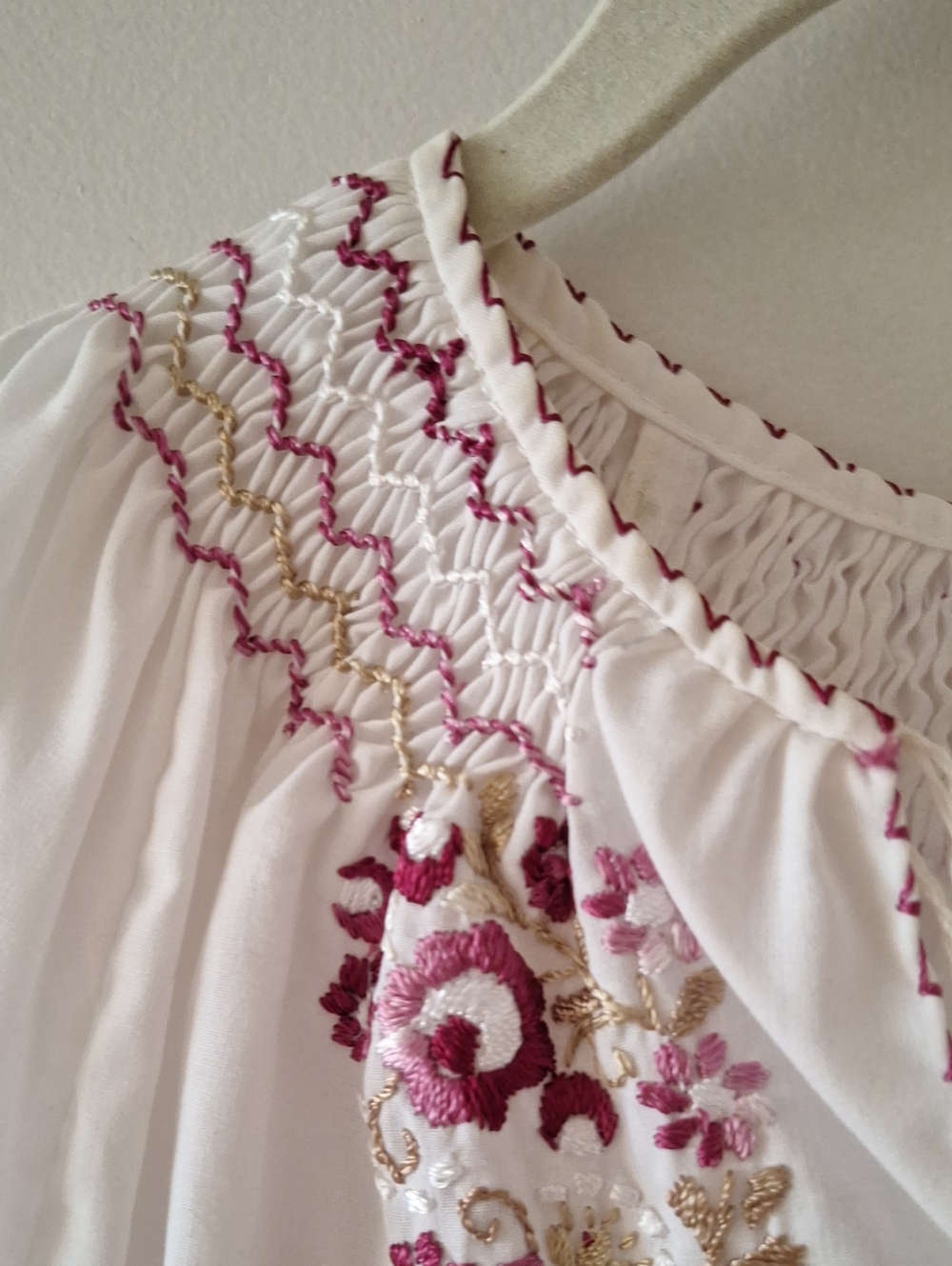 Hand-embroidered Cotton Peasant Blouse with Floral Detail - Made In Hungary